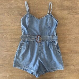 Show Me Your MuMu Sloane 100% Cotton Belted Denim Shorts Romper-Dusk Blue-Sz Med